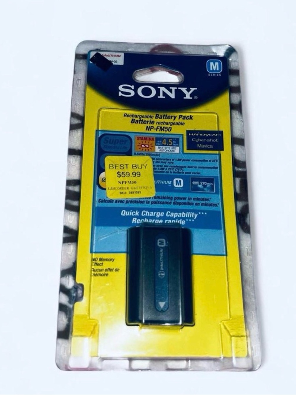 Sony NP-FM50 Battery Pack in Black and Yellow Retail Packaging